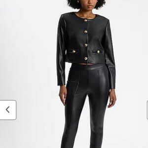 Express Black Faux Leather Cropped Jacket with Gold Buttons size XS
